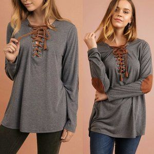 ladies size L Umgee gray lace up brown suede neck line long sleeve shirt top